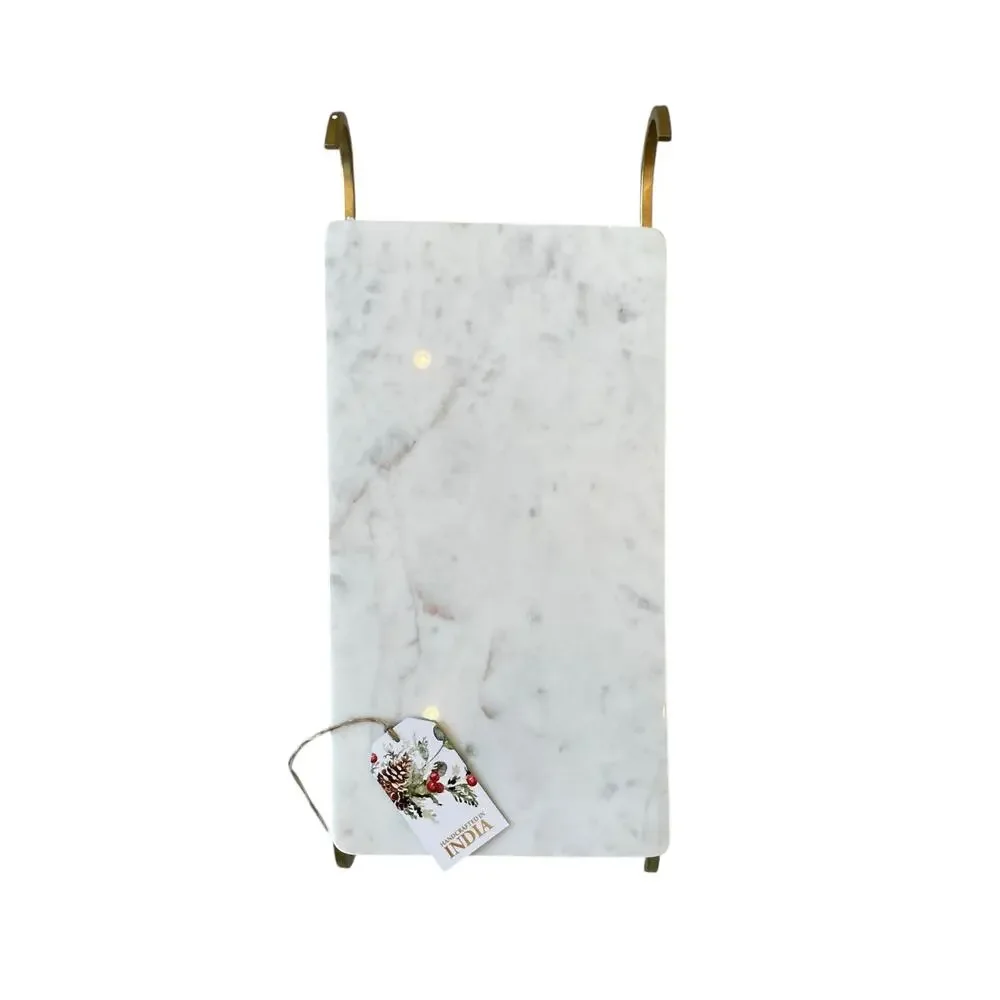 Marble Sledge Holiday Serving Tray 18x8 White & Gold Metal Handmade in India
